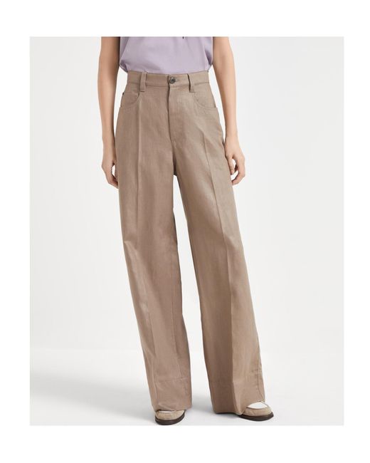 Brunello Cucinelli Natural Pleated Wide-Leg Trousers