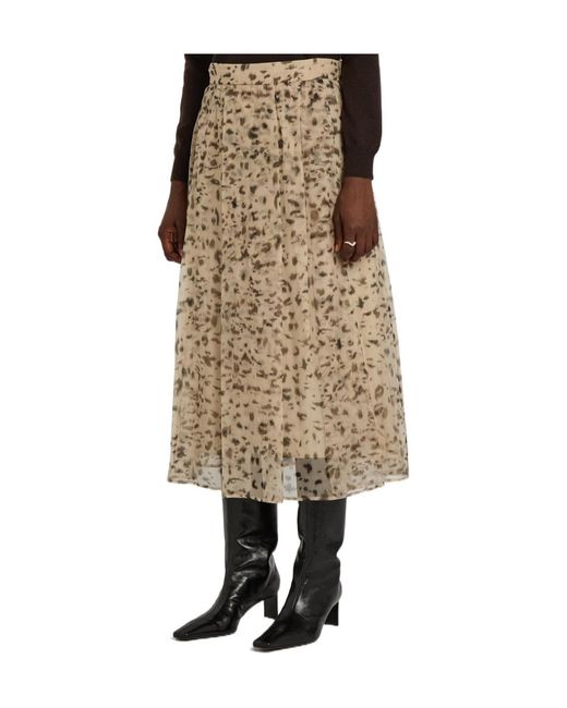 Brunello Cucinelli Natural Lynx-Print Silk-Organza Midi Skirt