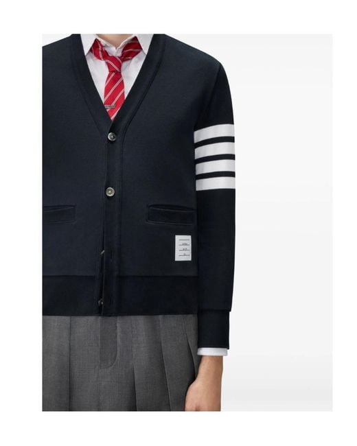 Thom Browne Blue Intarsia Sleeve-Stripe Cardigan for men