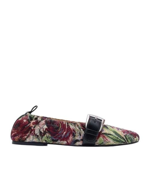 Ganni Brown Tapestry Buckle Strap Ballerinas