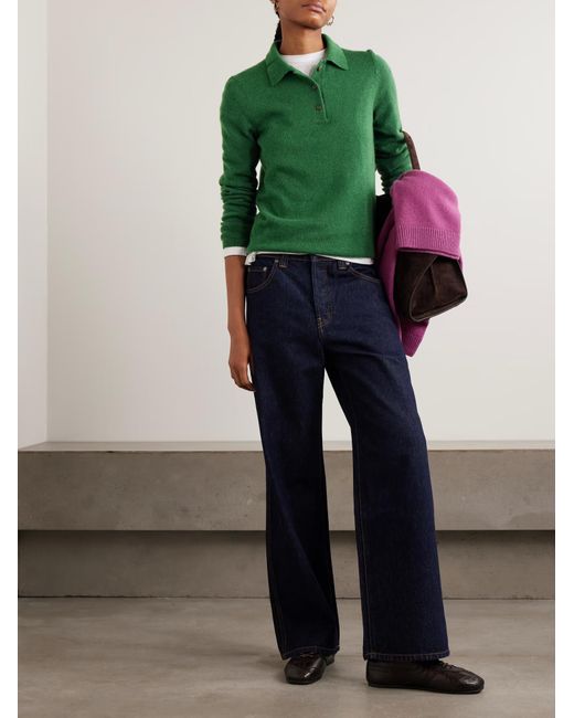 The Elder Statesman Green Laurel Cashmere Polo Shirt