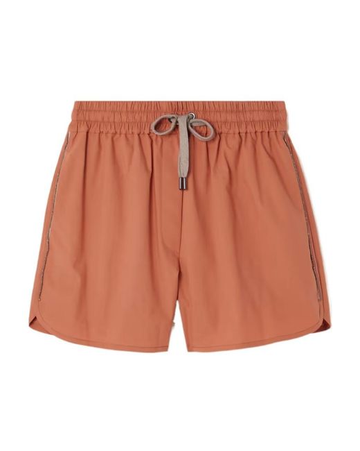 Brunello Cucinelli Red Logo Beaded Drawstring Shorts