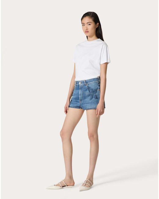Valentino Blue Floral-Appliqué Straight Hem Denim Shorts