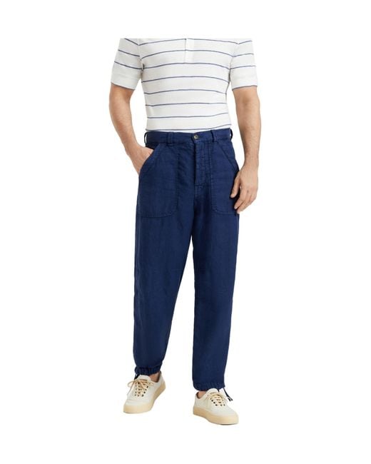 Brunello Cucinelli Blue Dyed Linen Straight-Leg Trousers for men