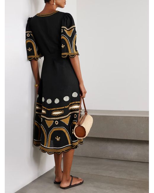 Eres Black Ornament Belted Embroidered Linen Midi Dress