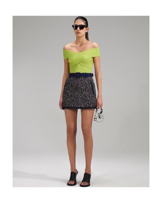 Self-Portrait Green Lurex Knitted Off-Shoulder Top