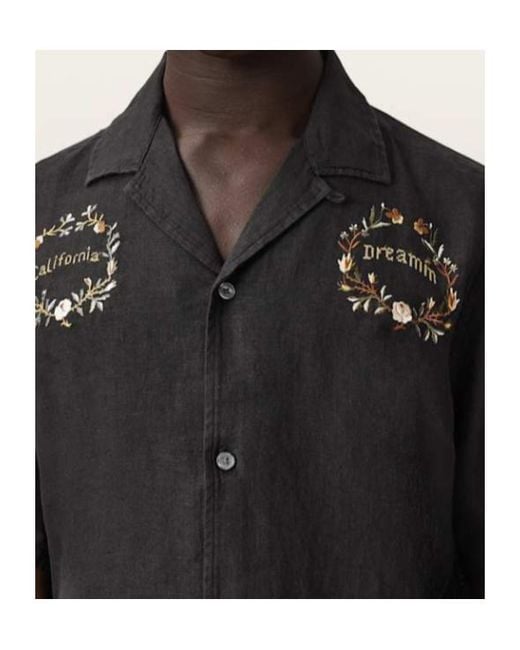 AllSaints Black Klavicle Short Sleeve Linen Embroidered Shirt for men