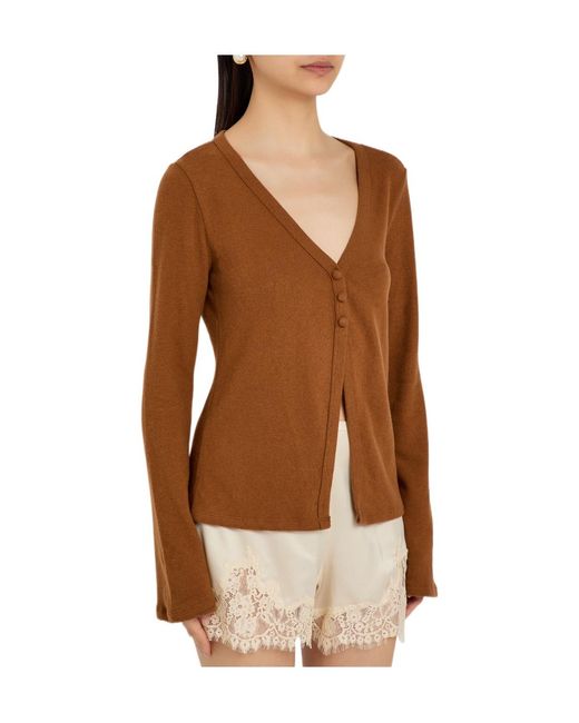 Reformation Brown V-Neck Fine-Knit Top