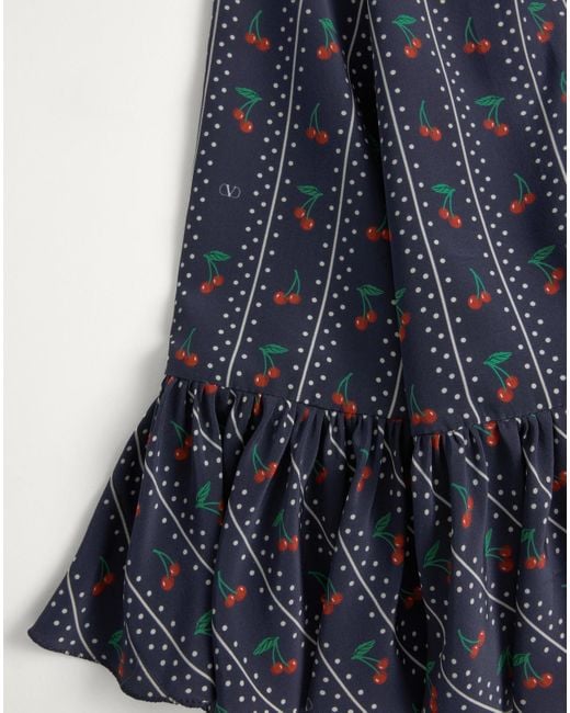 Valentino Blue Crepe De Chine Midi Skirt With Cherryfic Print