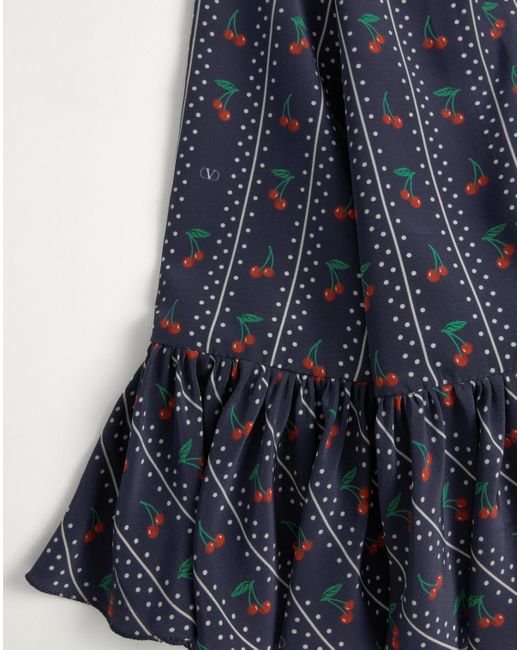 Valentino Blue Crepe De Chine Midi Skirt With Cherryfic Print