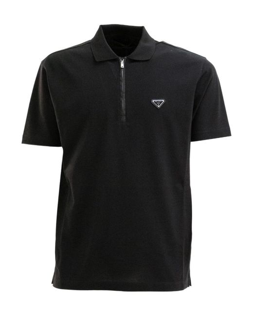 Prada Black Zip Detail Logo Polo Shirt for men