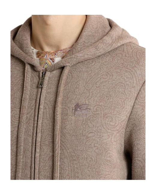 Etro Brown Knit Jacquard Hooded Sweatshirt With Arnica Motif for men