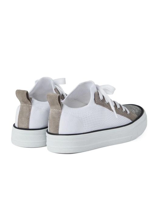Brunello Cucinelli White Monili-Detailed Panelled Lace-Up Sneakers
