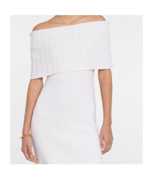 Safiyaa White Risette Off-Shoulder Wool Midi Dress