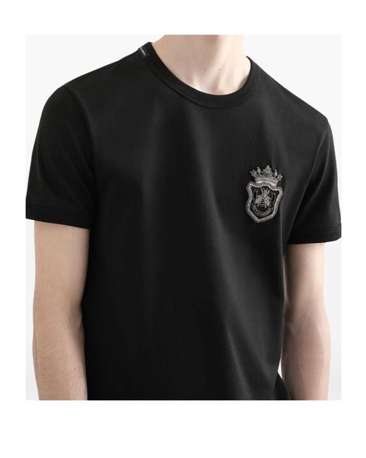 Dolce & Gabbana Black Cotton Embroidery Crest T-Shirt for men