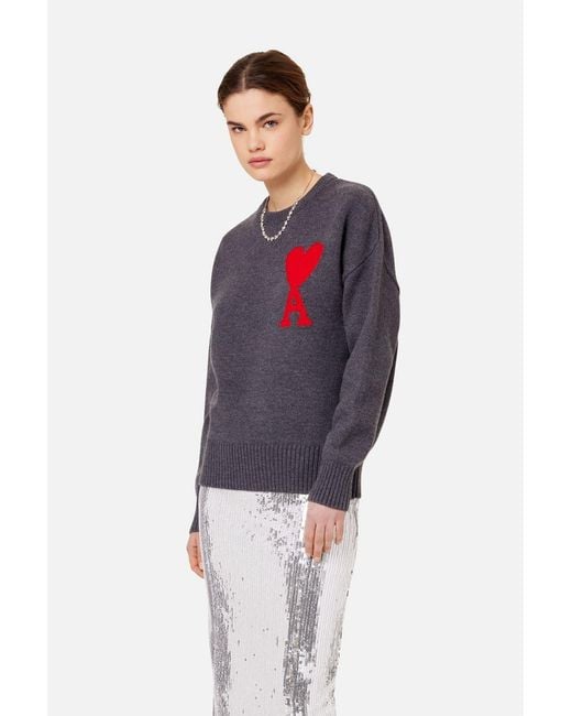 AMI Gray Ami De Coeur Crewneck Knitted Jumper for men