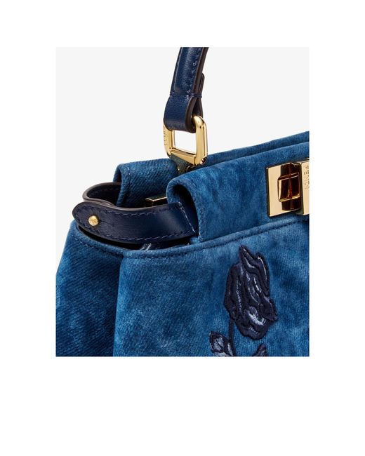 Fendi Blue Mini Peekaboo Floral-Embroidered Denim Tote Bag
