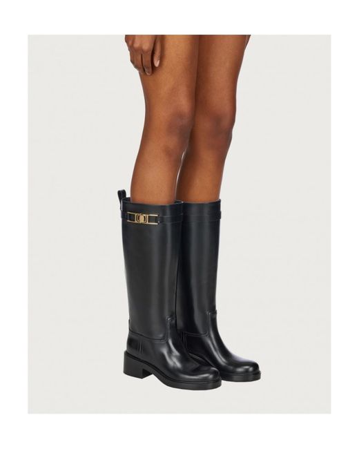 Ferragamo Black Gancini Round-Toe Knee Boots