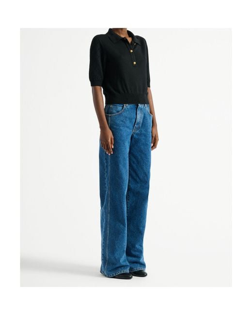 Balmain Black Merino Wool Openwork Crop Polo Shirt