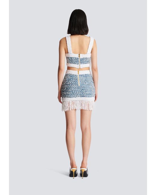 Balmain Blue Buttoned Denim Fringed Tweed Mini Skirt