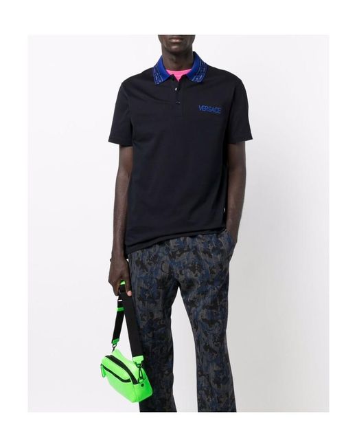 Versace Black Intarsia Logo Short-Sleeved Polo Shirt for men