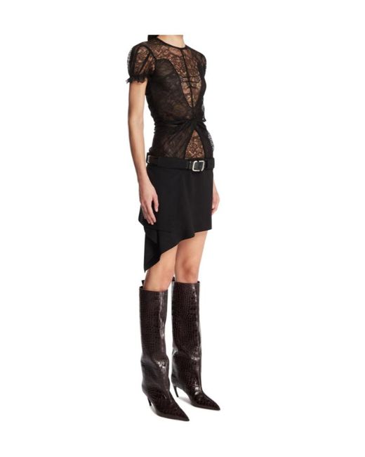 The Attico Black The Lace Detailed Belted Waist Dress