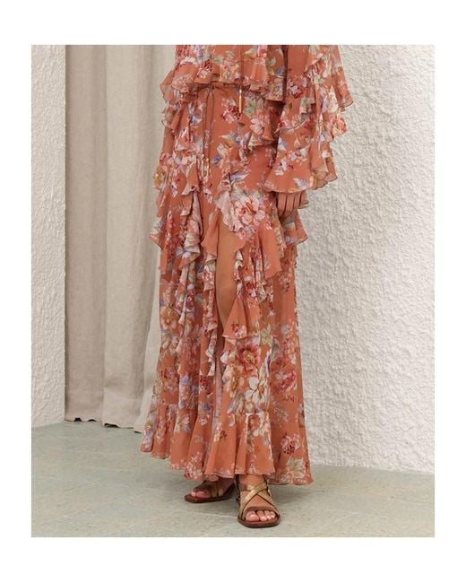 Zimmermann Red Awaken Ruffle Floral Printed Skirt