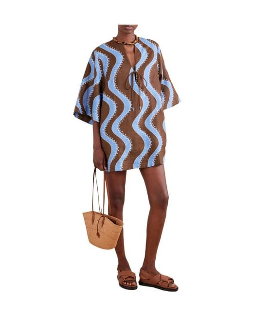 ALÉMAIS Blue Frankie Wave-Print Tie-Neck Mini Dress
