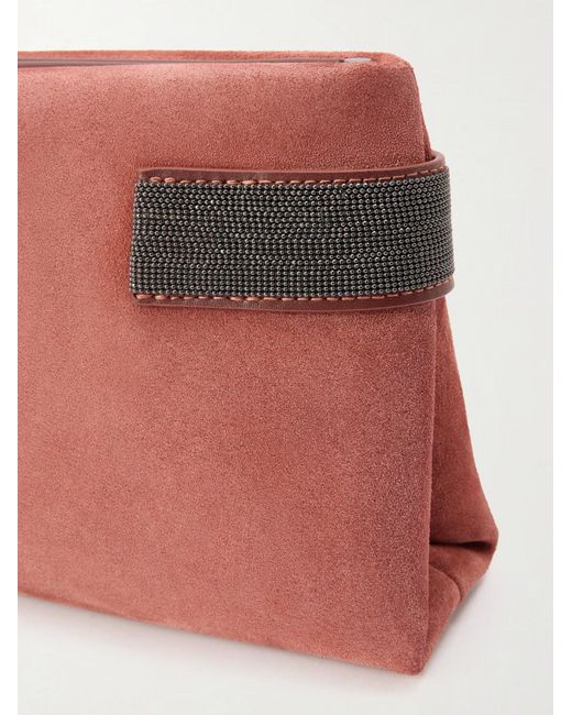 Brunello Cucinelli Red Essence Bead-Embellished Leather-Trimmed Suede Clutch