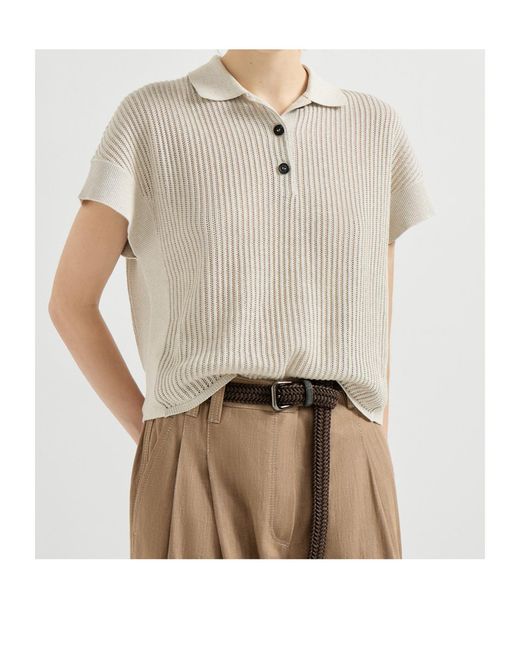 Brunello Cucinelli White Ribbed Polo Top