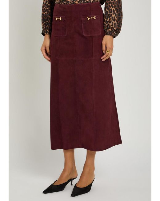 Rixo Purple Edwina Horsebit-Embellished Suede Midi Skirt