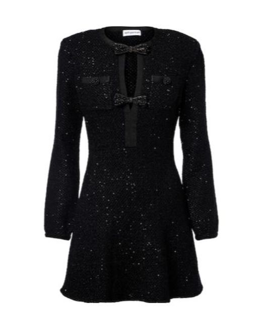 Self-Portrait Black Bow-Detail Sequined Knitted Minidress