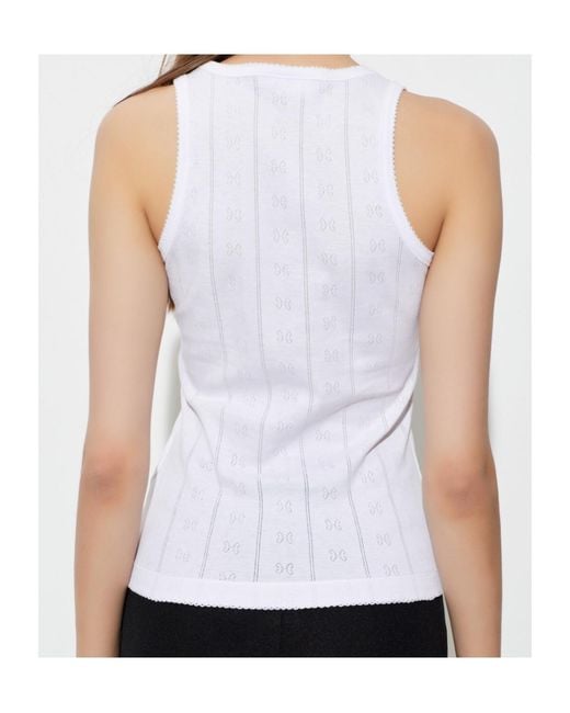 Ganni White Logo-Patch Pointelle-Knit Top