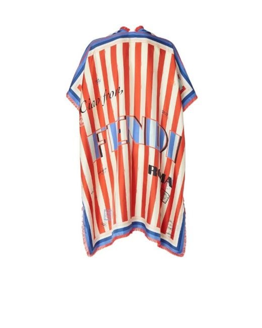 Fendi White Logo Detailed Striped Poncho