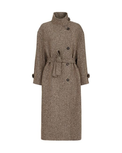 Brunello Cucinelli Brown Sparkling Virgin Wool Chevron Belted Coat With Monili
