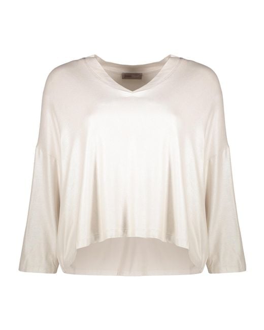 Herno Natural Neutral Cropped Blouse With Long Sleeves