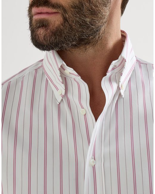 Brunello Cucinelli White Stripe-Pattern Button-Down Collar Shirt for men