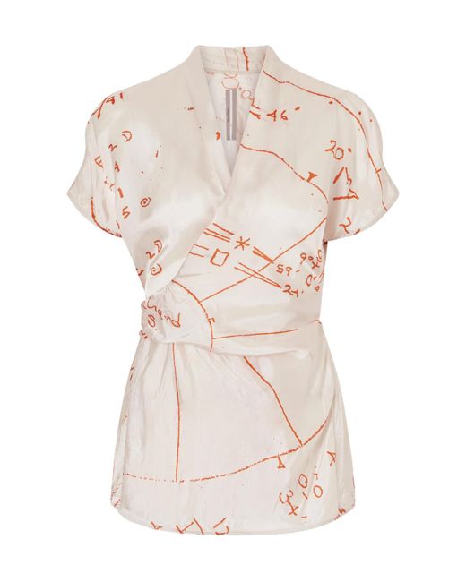 Rick Owens White Printed Satin-Twill Wrap Top