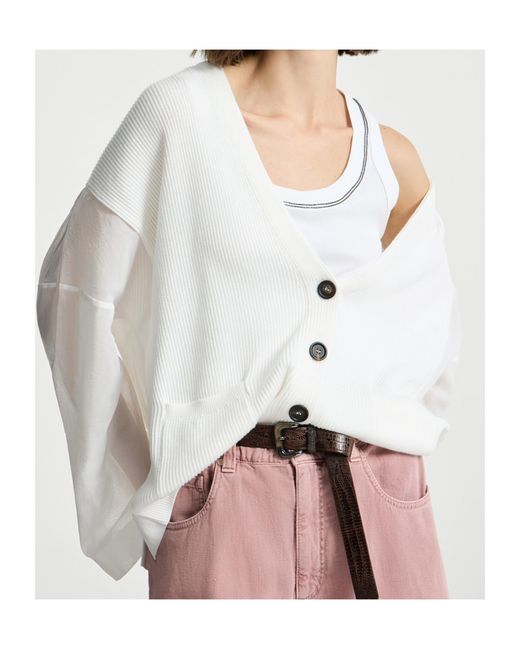 Brunello Cucinelli White Organza Sleeved Ribbed Cardigan
