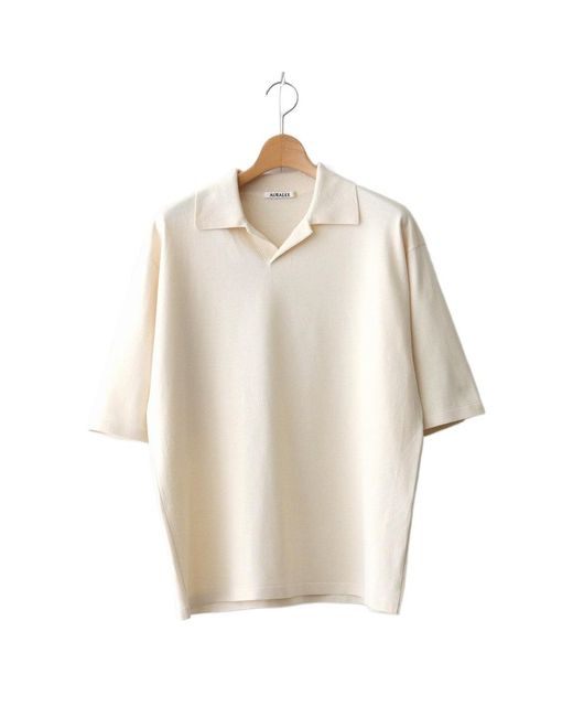 Auralee White High Gauge Tussah Satin Knit Skipper Polo Shirt for men
