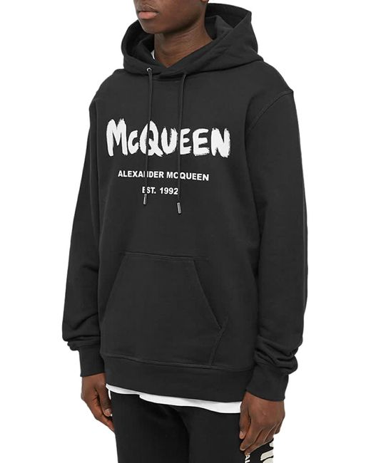 McQueen Black Logo Printed Drawstring Hoodie for men