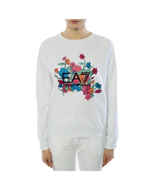 EA7 White Round-Collar Long-Sleeve Hoodie