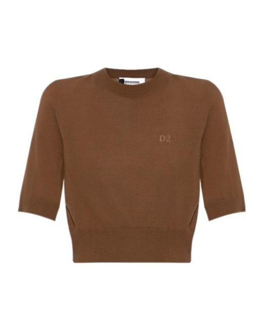 DSquared² Brown Logo Printed Cropped Jumper