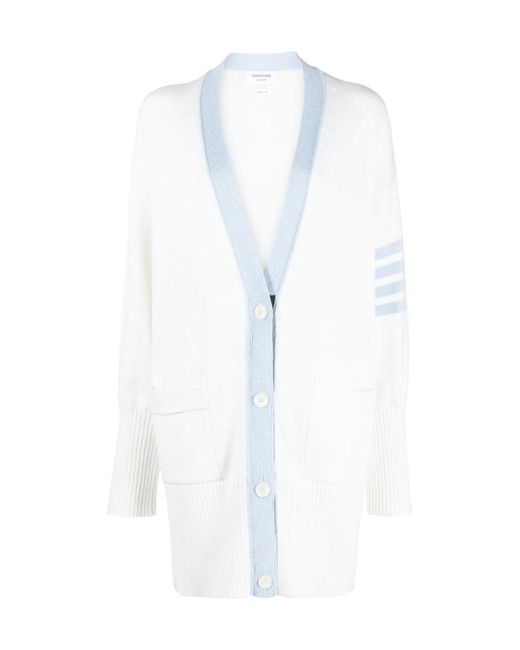 Thom Browne White 4-Bar Oversized V-Neck Cardigan