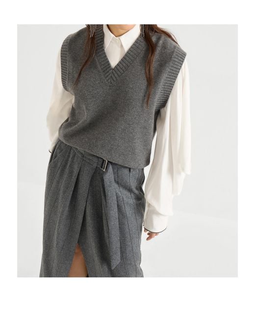 Brunello Cucinelli Gray V-Neck Knit Vest