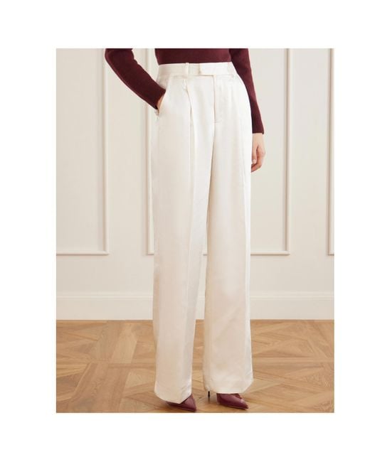 Self-Portrait White Pleated Satin-Finish Tailored Trousers