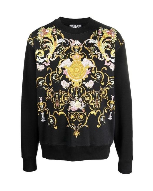 Versace Jeans Black Barocco-Print Cotton Sweatshirt for men