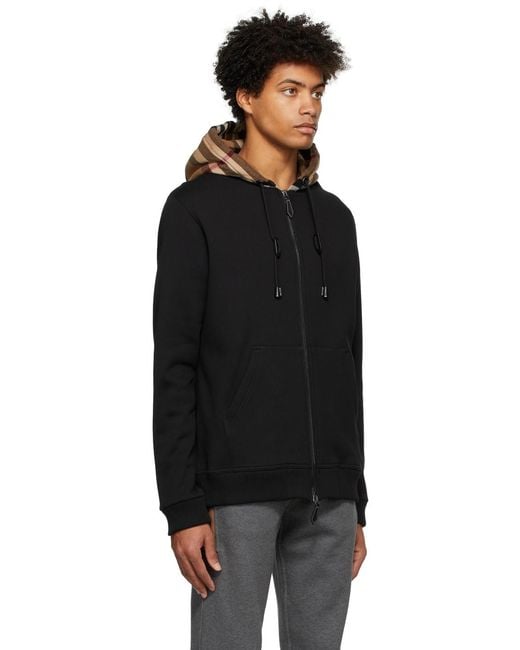 Burberry Black Check Hood Cotton Blend Zip Hoodie for men