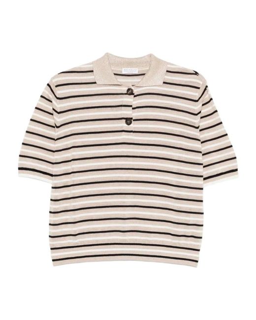 Brunello Cucinelli White Striped Knit Polo Top