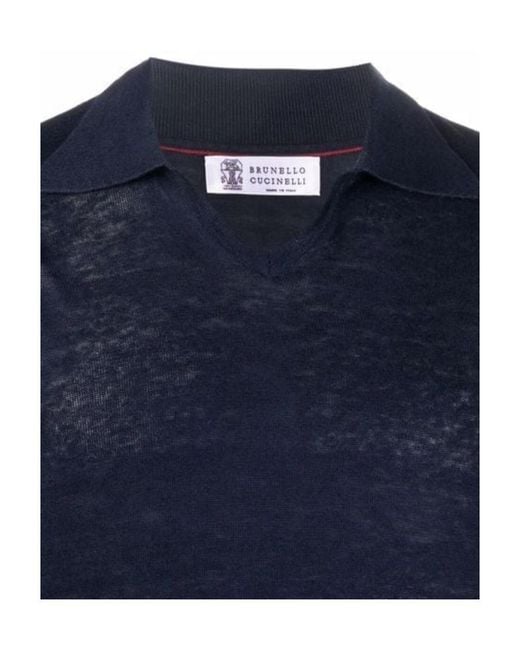 Brunello Cucinelli Blue Ribbed-Edge Polo Shirt for men